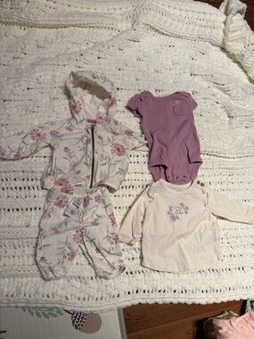 Carter's Cream Floral Hoodie & Pants Set with Purple Bodysuit